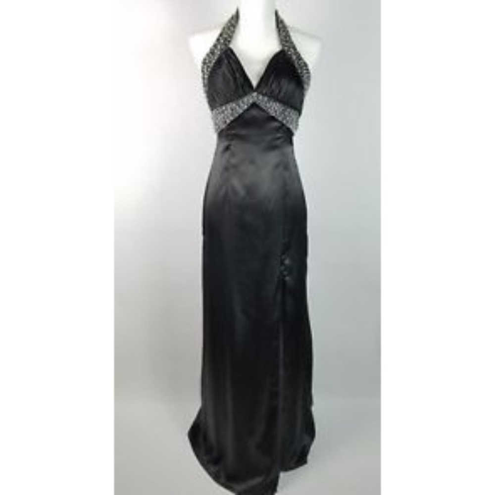 Satin by Riva Designs Beaded Halter Gown